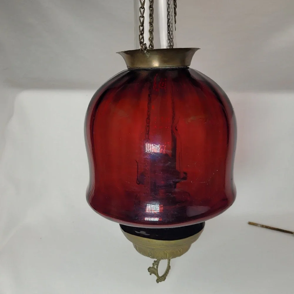 Antique Ruby Red Glass Hanging Oil Lamp Macbeth Pearl Glass Chimney Brass Trim
